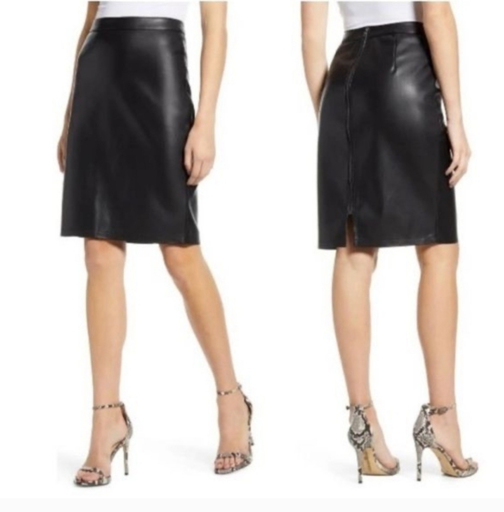 Cupcakes & Cashmere Black Faux  Leather Midi Skirt Size 8